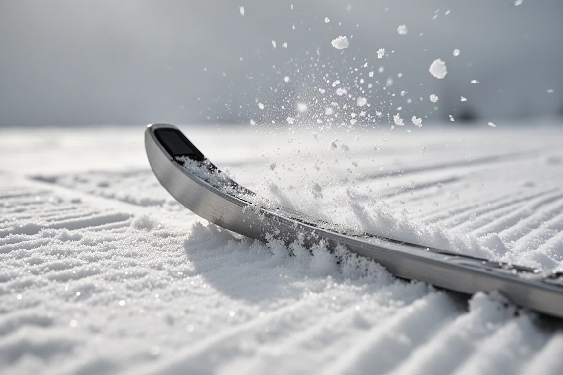 Close-up van een skirand die zich in harde sneeuw bijt, met zichtbare metalen laminering