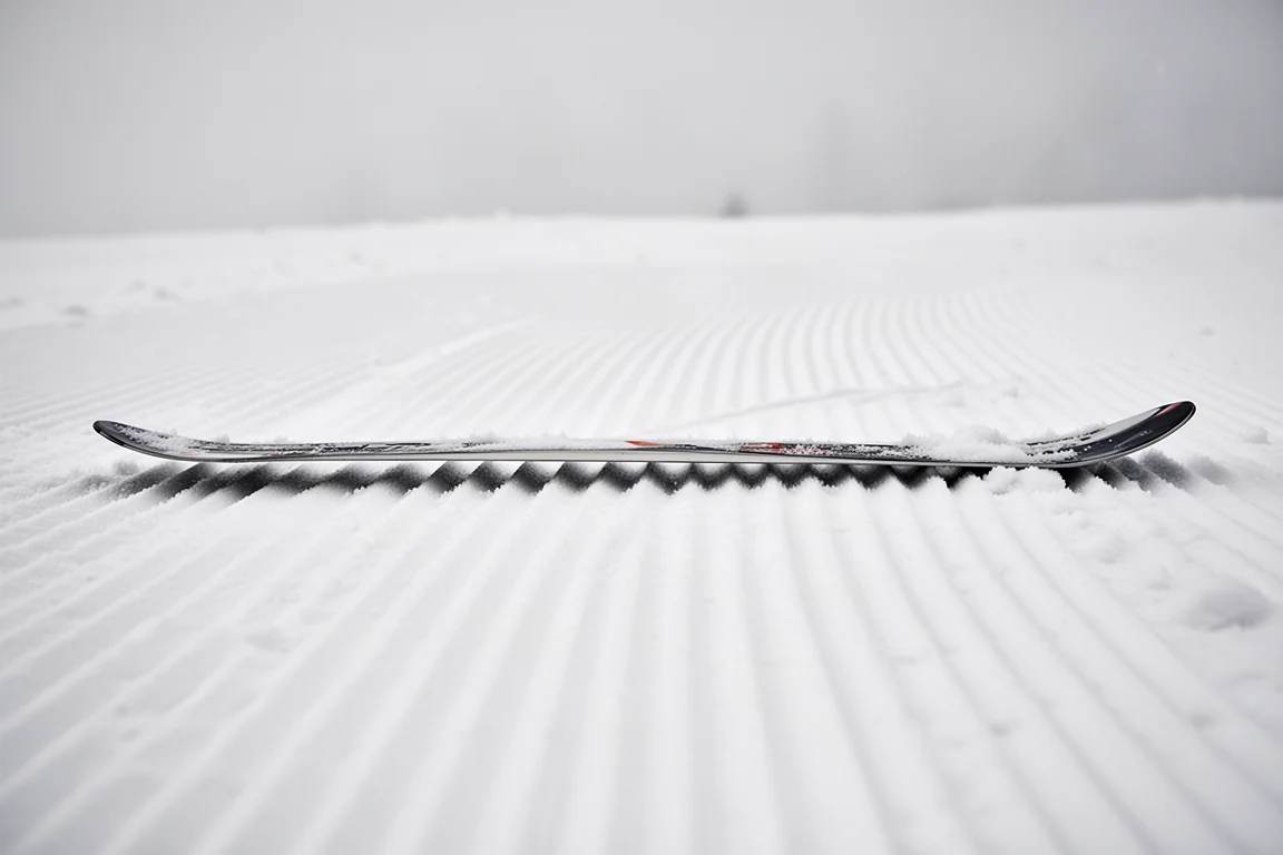 Skiër midden in een bocht op een geprepareerde helling met een wolkje sneeuwspray