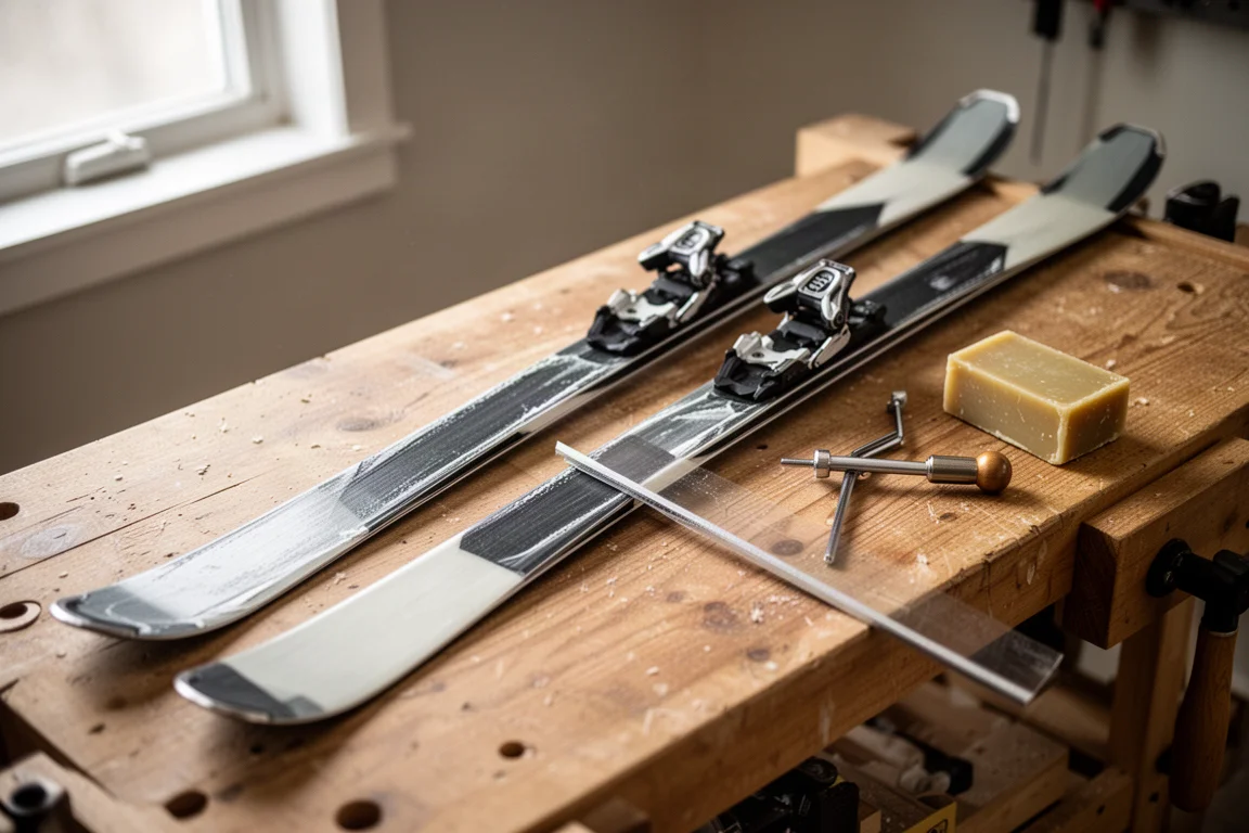 Paar carving ski's leunend tegen een houten wand van een skihut in het ochtendlicht