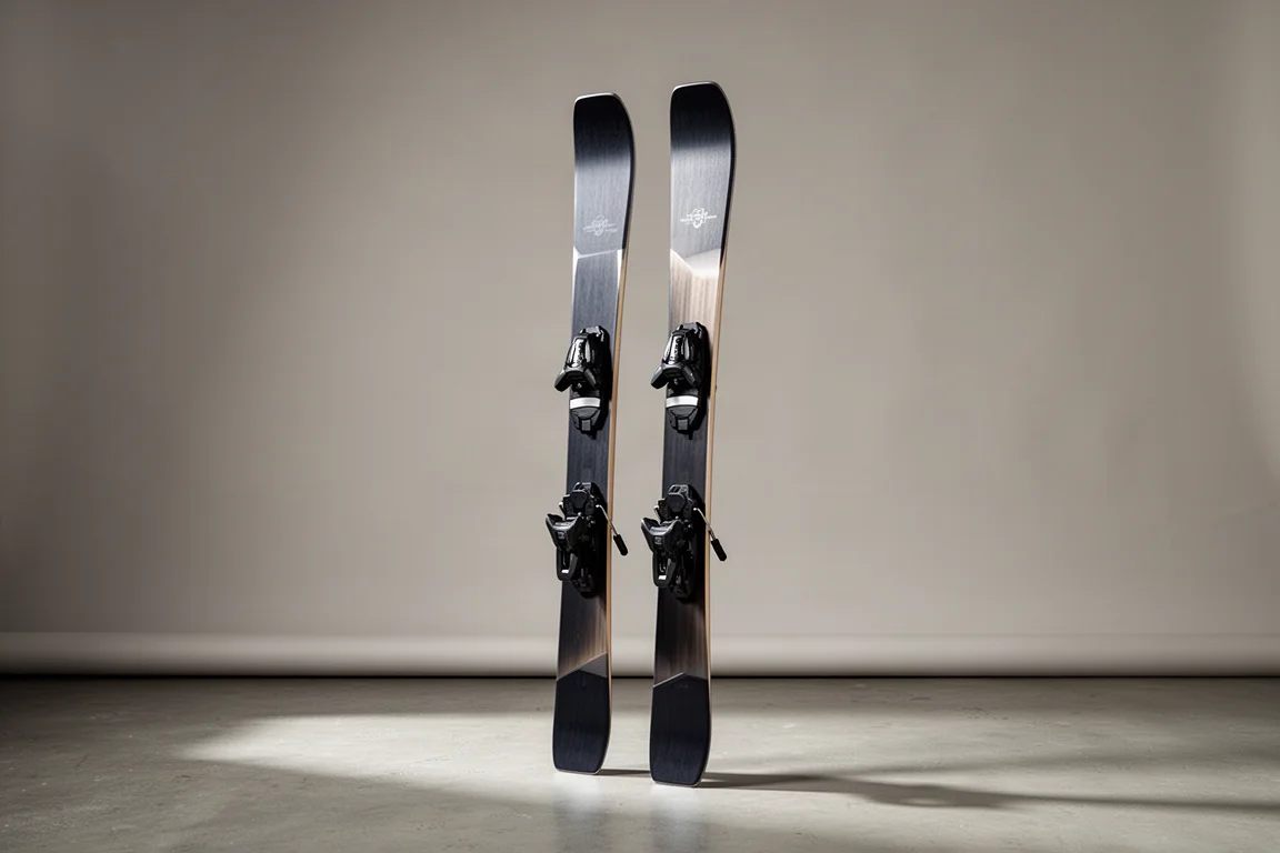 Pair of narrow frontside carving skis with system bindings standing in fresh snow
