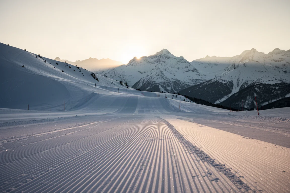Skifahrer zieht eine enge Kurve auf einer frisch präparierten Piste im schwachen Morgenlicht