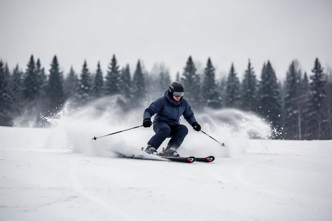 Schmale Carving-Ski liegen neben einer präparierten Piste auf weichem Spurenschnee