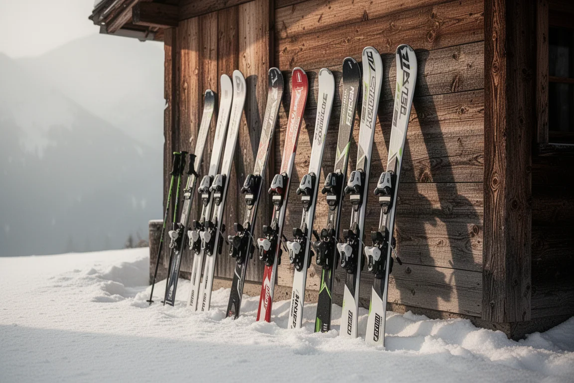 Alpine Ski lehnen im Morgengrauen an einem Holzgestell vor einer Berghütte