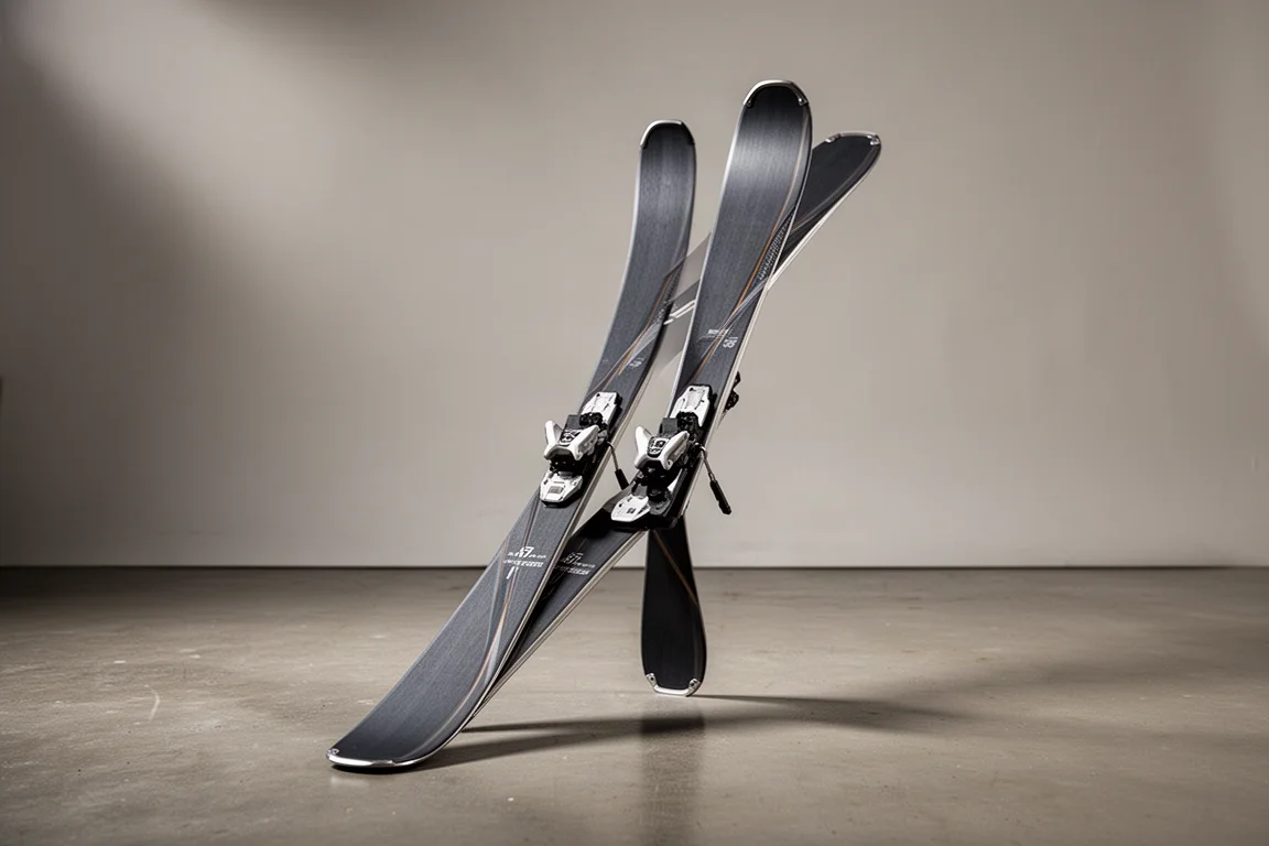 Pair of narrow alpine carving skis standing upright on a matte concrete floor