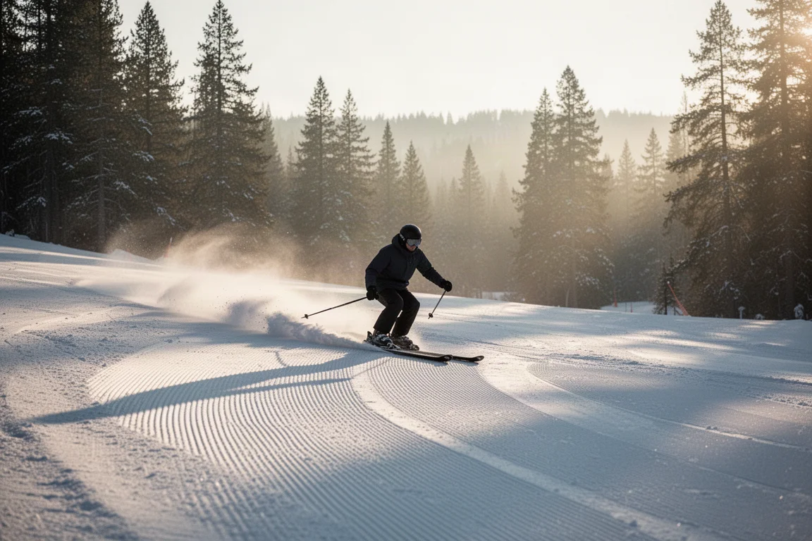 Skieur traçant un arc net sur une piste fraîchement damée à la lumière du petit matin