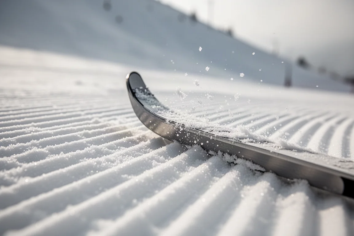 Gros plan sur un carre de ski accrochant une neige durcie damée