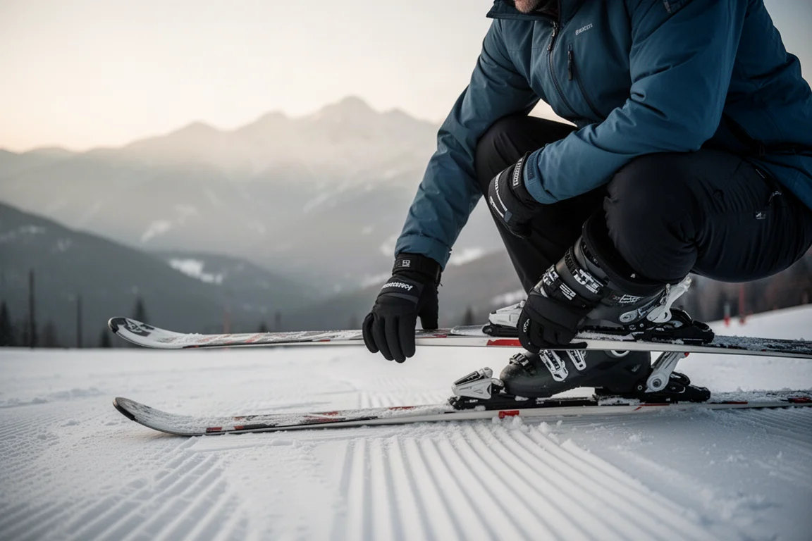 Skieur inspectant la semelle et les carres de ses skis en haut d'une piste damée