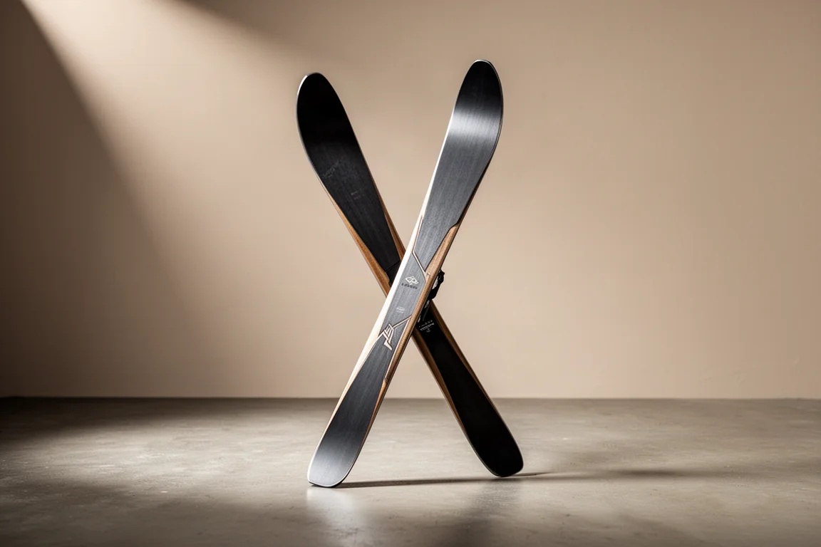 Narrow metal-laminated carving skis standing upright on a matte concrete floor
