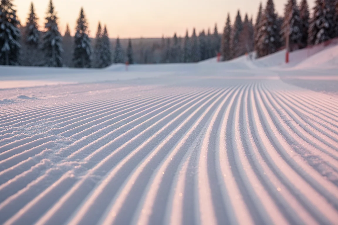 Pista recién preparada al amanecer con líneas de corduroy paralelas y una luz rosa suave