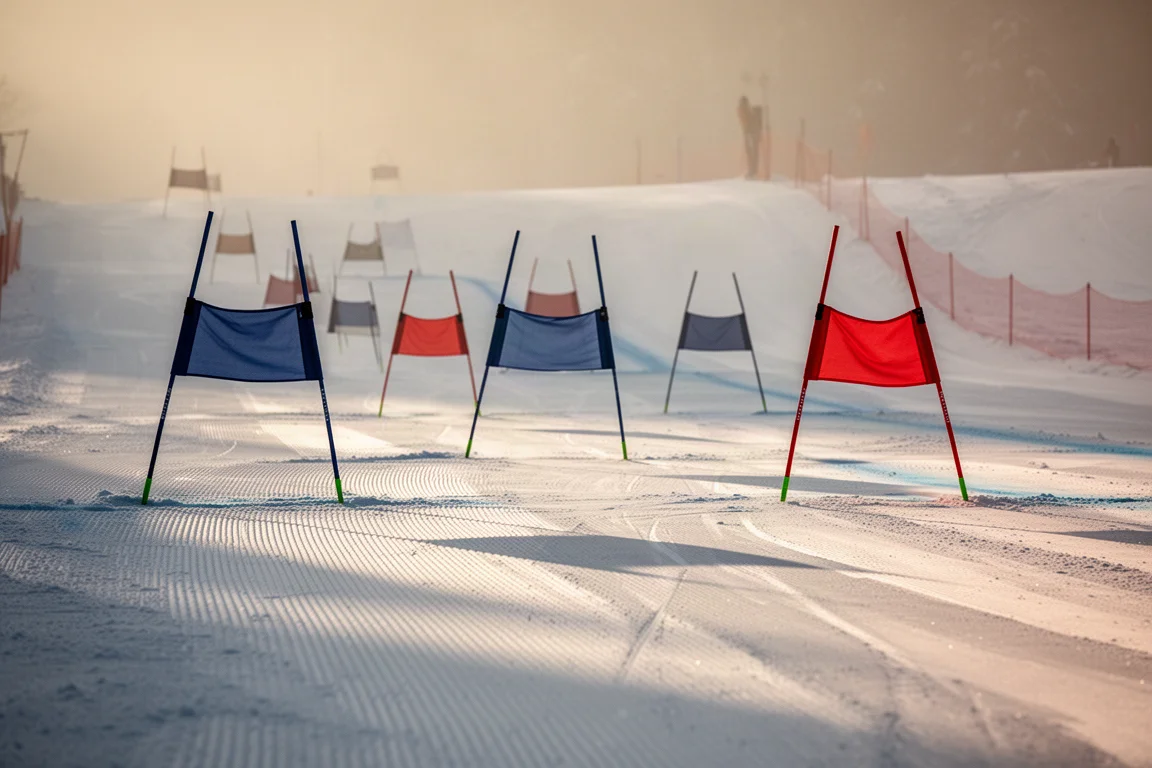 Fila de puertas de slalom en una pista de entrenamiento dura a última hora de la tarde