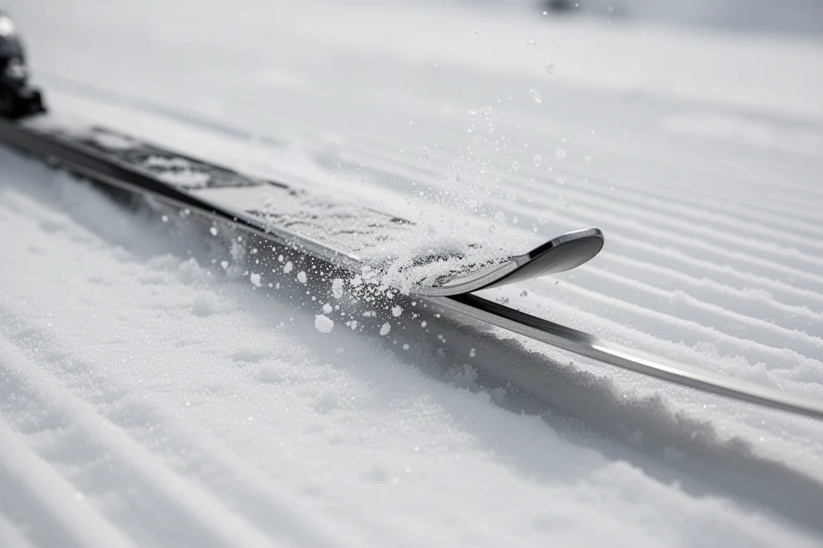 雪板鋼邊切入堅實壓雪特寫，冰晶隨之揚起