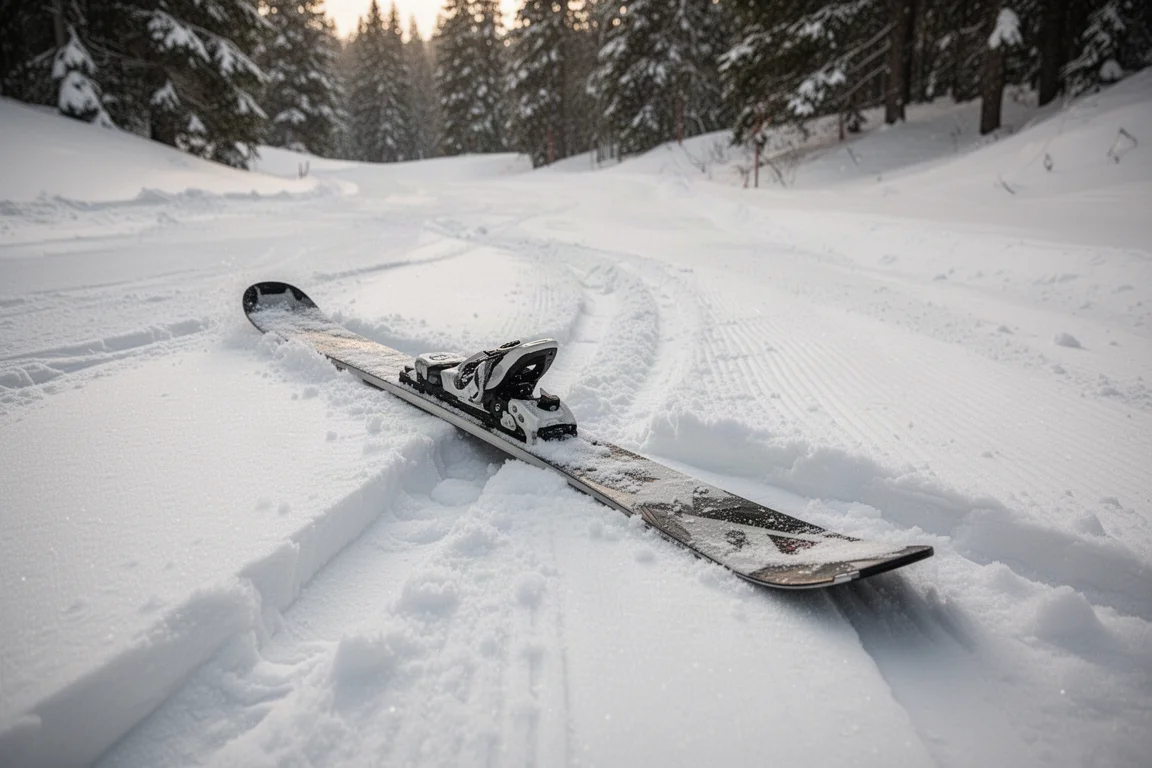 雪板板尾停在壓雪道旁柔軟濕潤的春雪中
