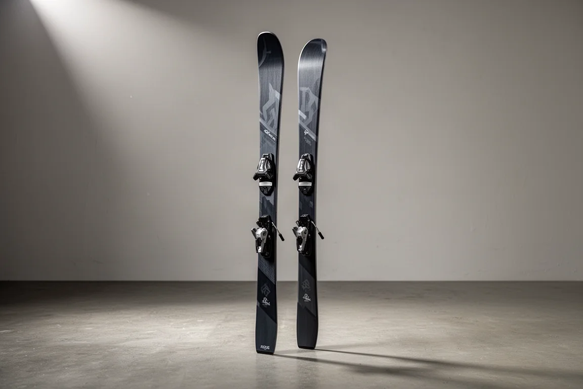Pair of alpine carving skis standing upright on a matte concrete floor in studio light