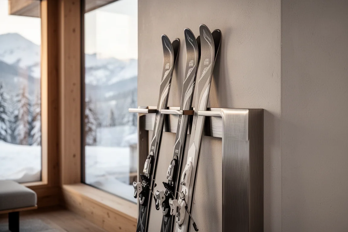 兩對滑雪板靠在阿爾卑斯山小屋的木架旁