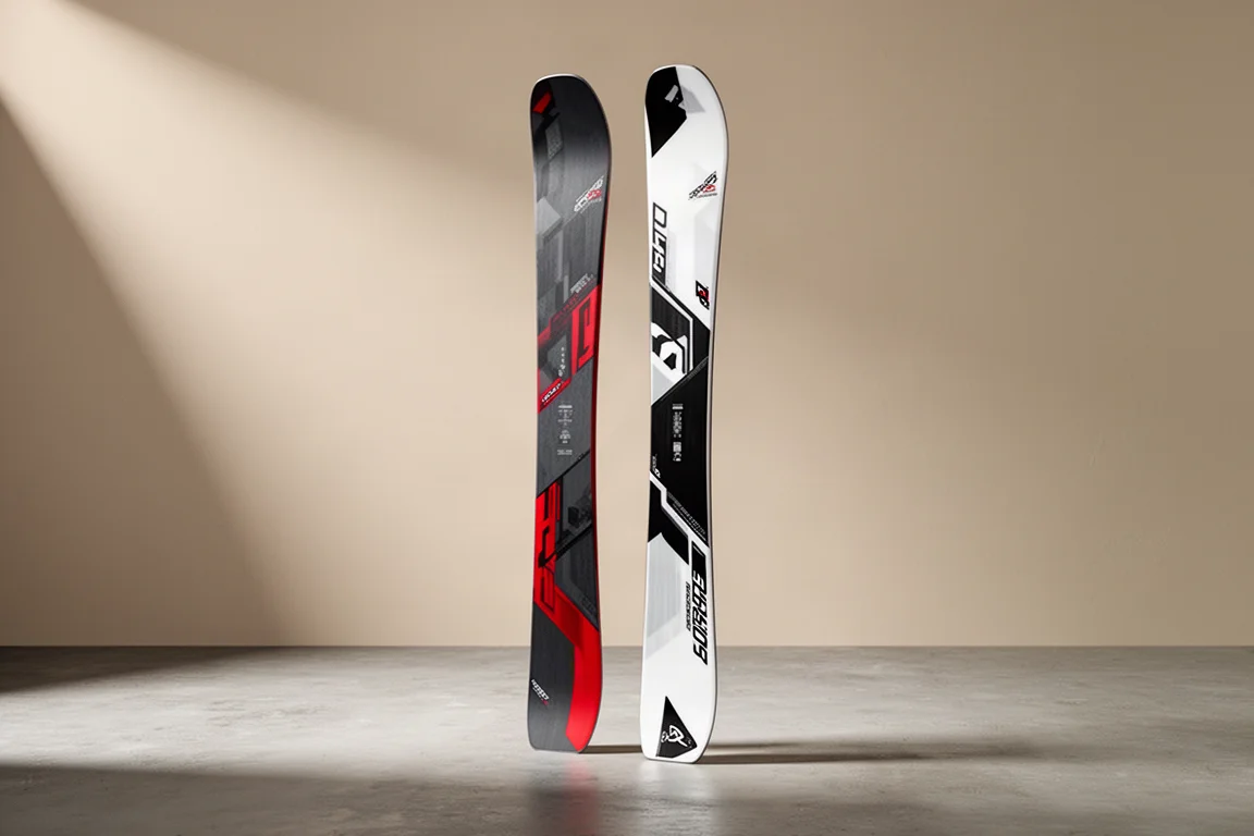 Two all-mountain carving skis standing upright on a concrete surface