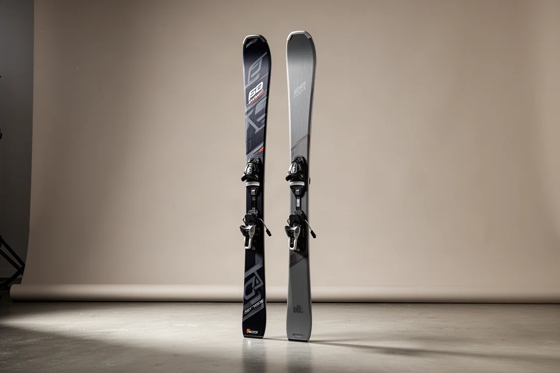 Two pairs of Stöckli alpine skis standing upright on a neutral studio backdrop