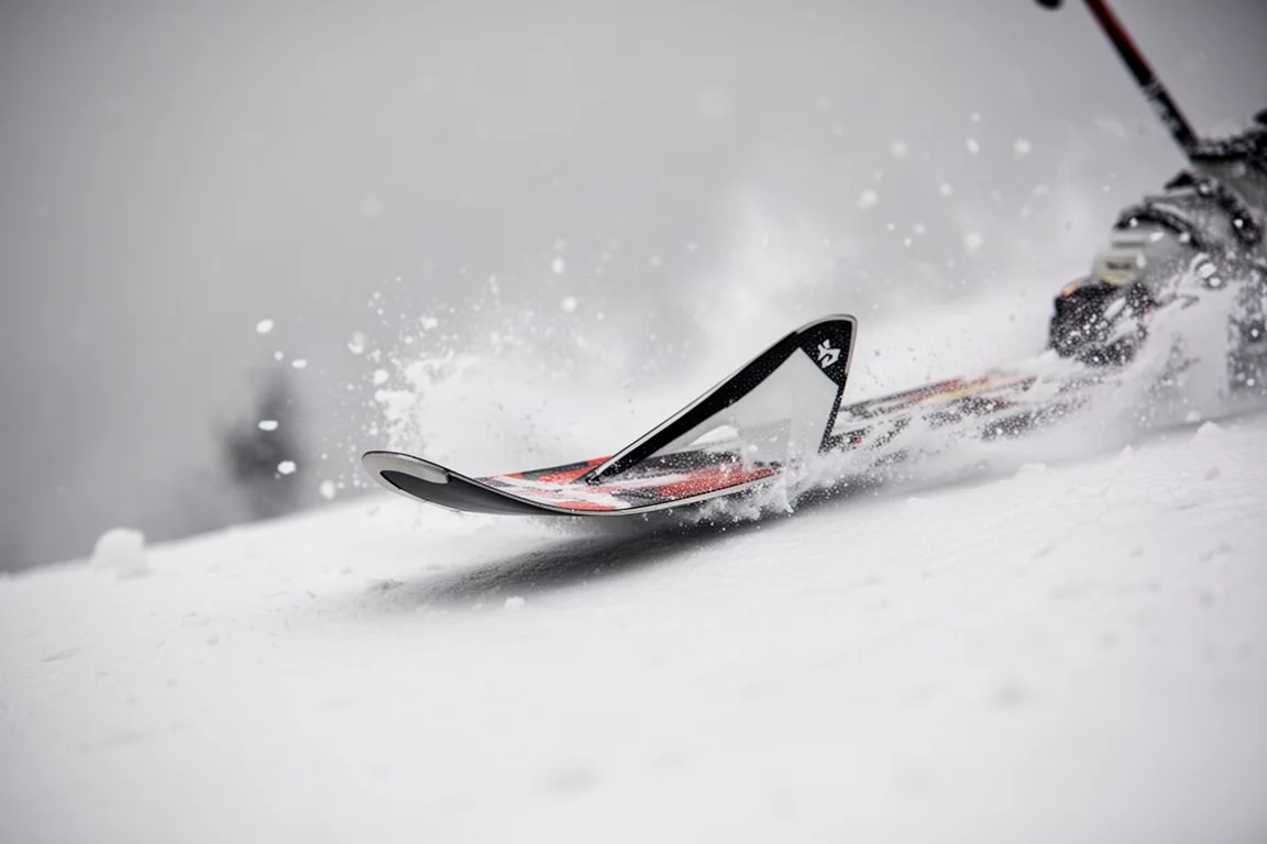 Primer plano de una espátula de esquí flexionando durante un giro tallado sobre nieve blanda