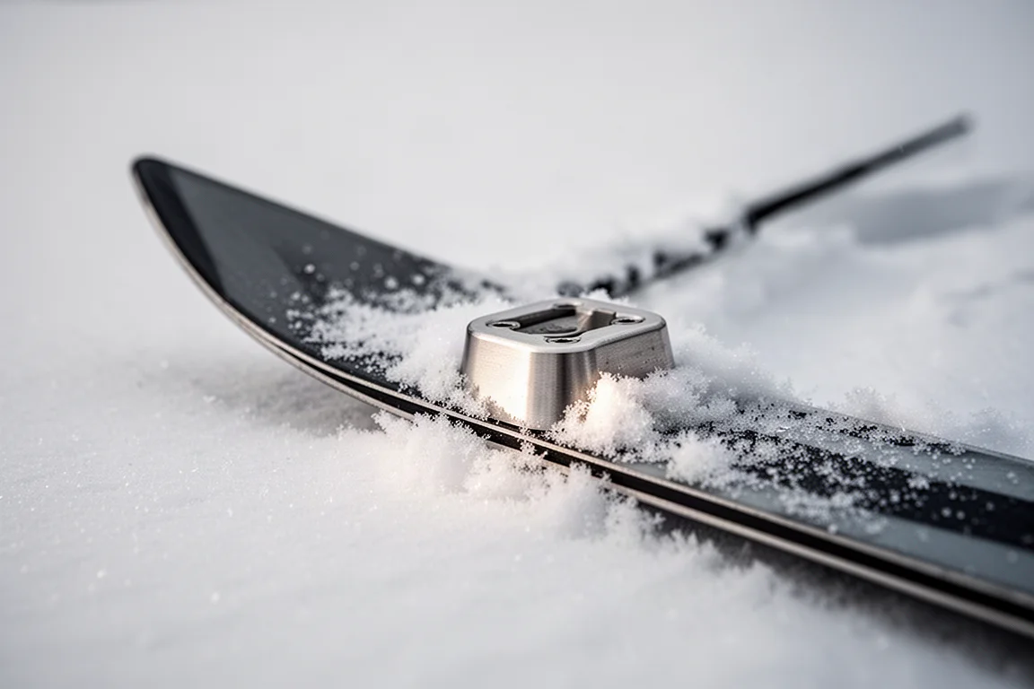 Detalle del talón de un esquí con inserción de aluminio apoyado sobre la nieve