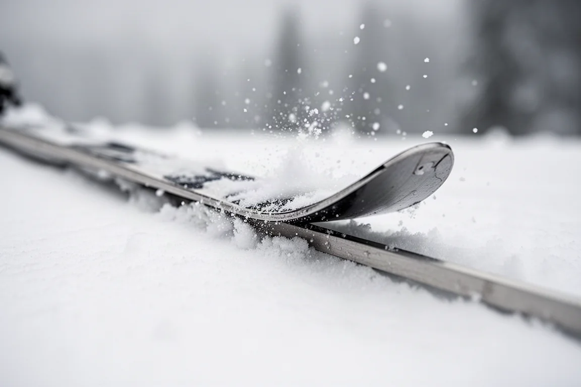 Primo piano di un lamine metallico dello sci che morde neve dura e gessosa con spruzzi di ghiaccio