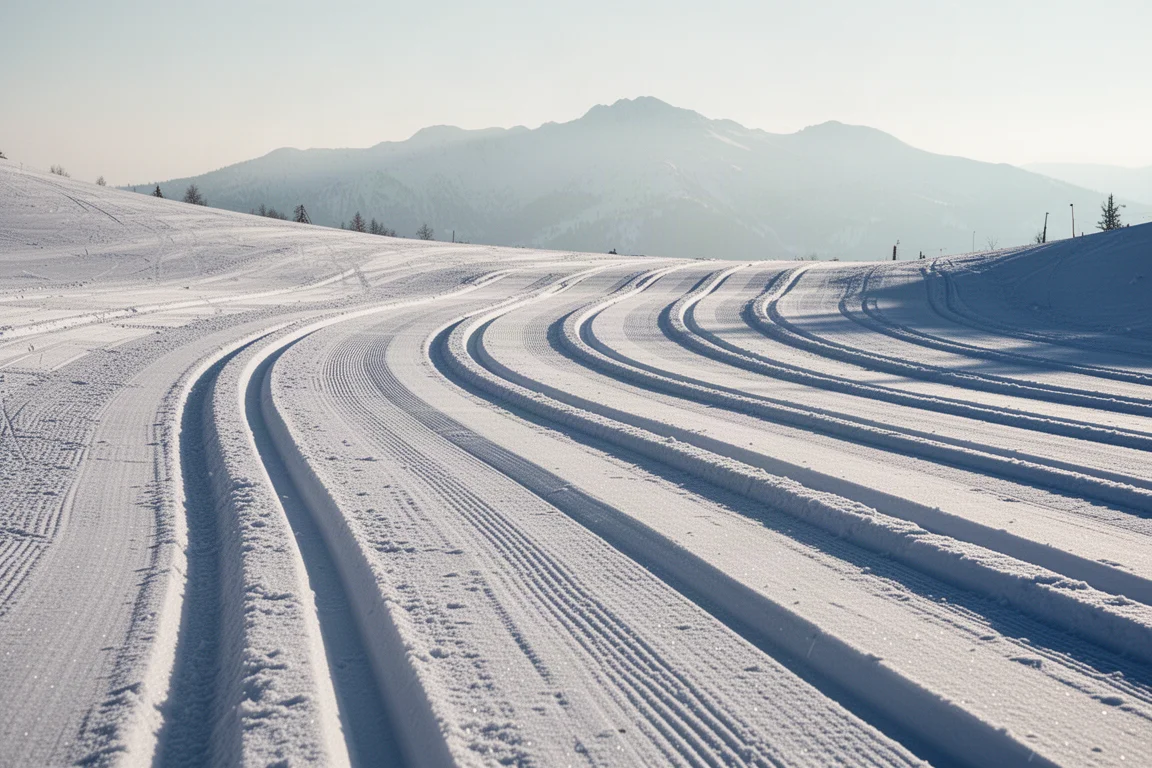 Solci paralleli scavati su una pista battuta sotto un basso sole invernale