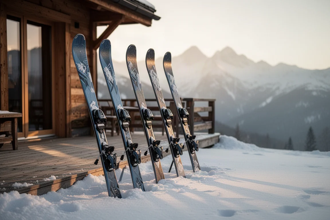 Fila di sci da carving piantati nella neve davanti a un rifugio di montagna all'ora dorata