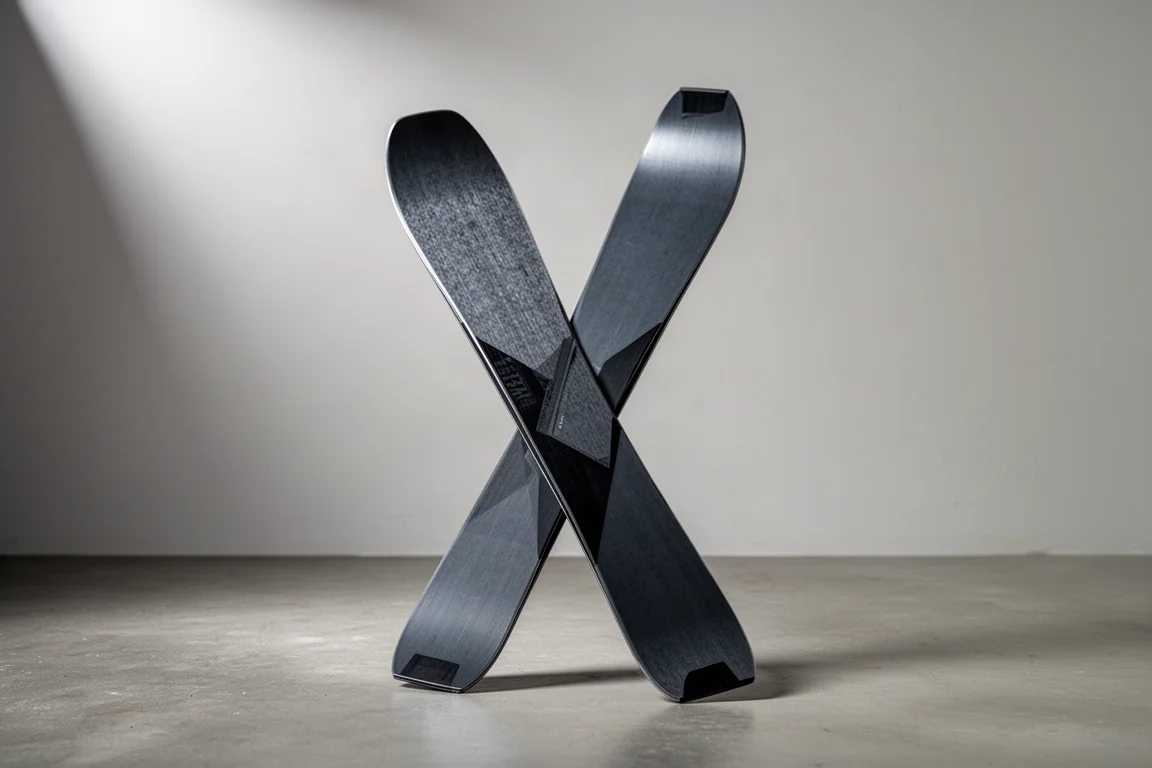 Pair of dark graphite frontside carving skis standing on a matte concrete surface