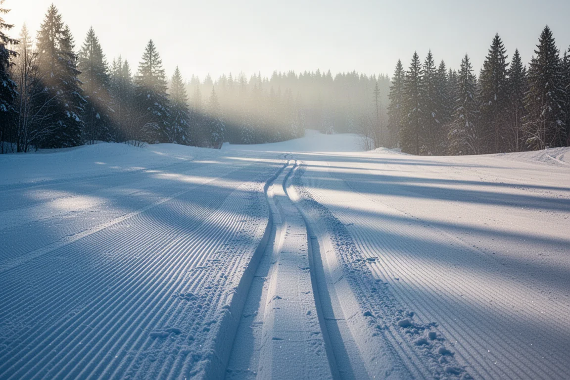 Close-up of two all-mountain ski tips side by side on packed snow showing subtle width difference