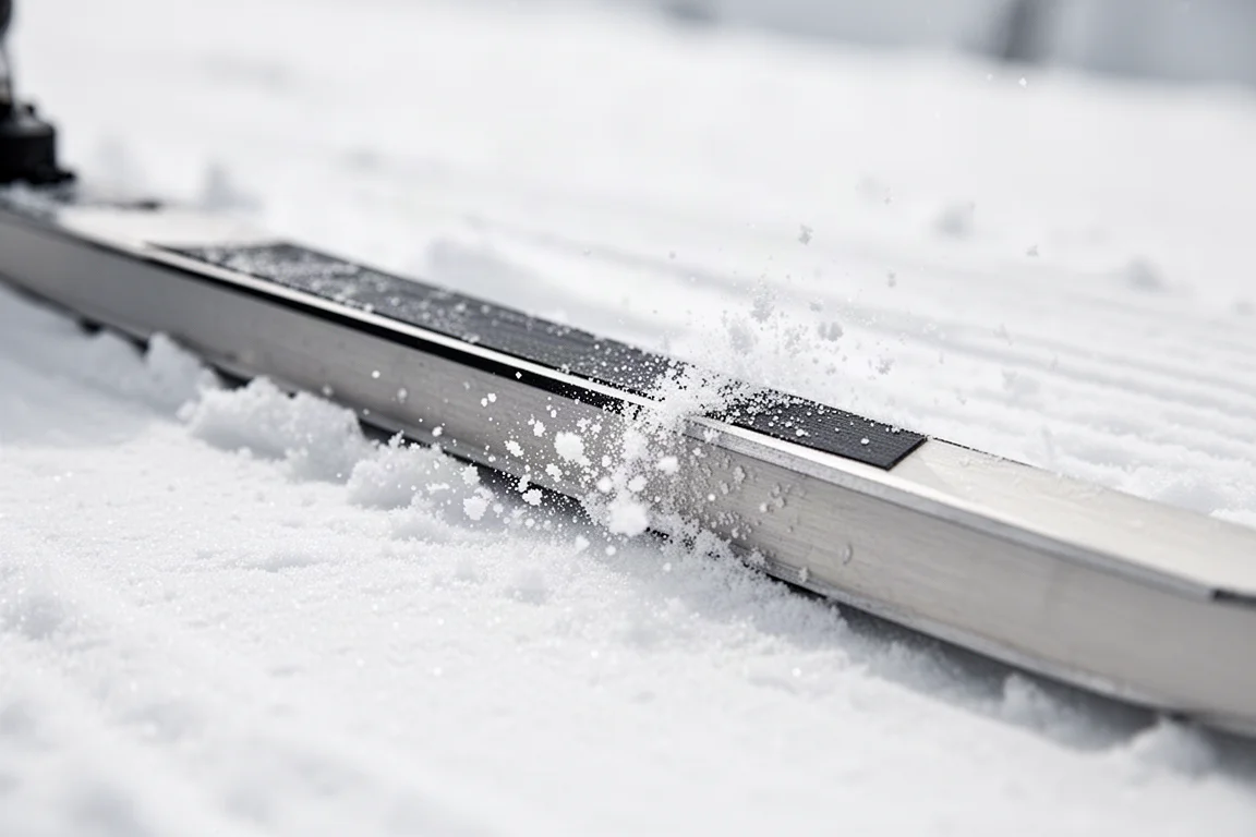 Skier carving a long turn on a freshly groomed slope with snow spray in morning light