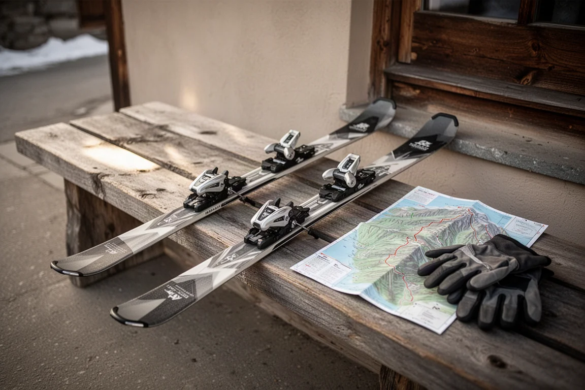 Pair of all-mountain skis resting on packed snow beside a resort lodge in afternoon light