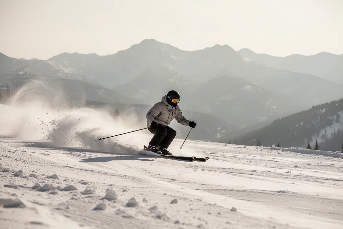 Skier standing at the top of a groomed run at dusk with mountain ridges behind