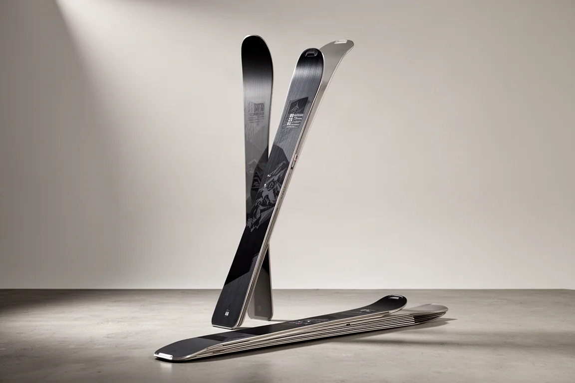 Due sci all-mountain sottili in piedi contro una parete di legno cosparse di neve