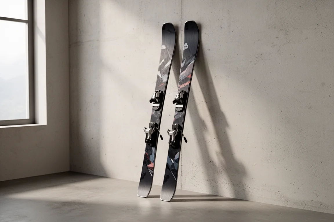 Slim women's all-mountain carving skis leaning against a pale concrete wall in soft light