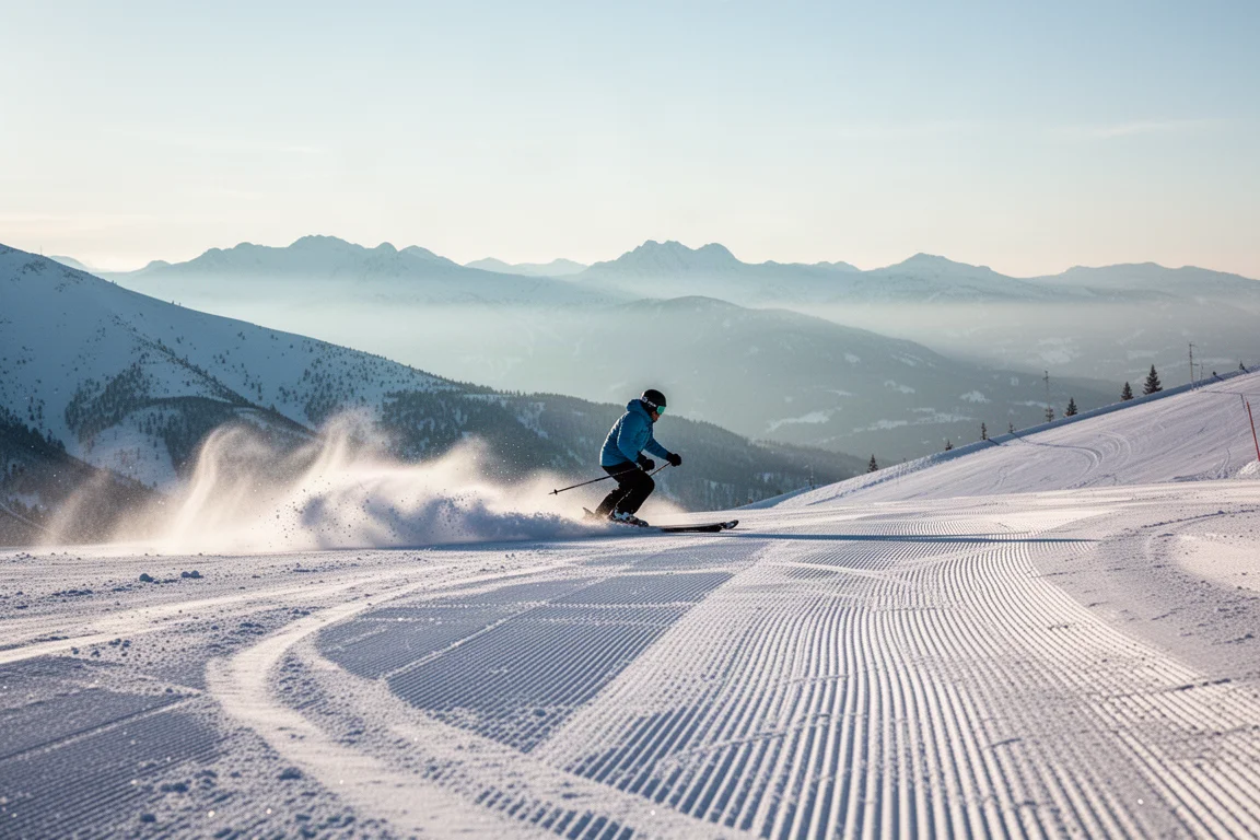 Skifahrer schneidet Kurven auf einer frisch präparierten Piste im klaren Morgenlicht, im Hintergrund Bergketten