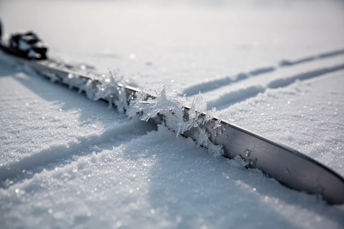 Ski-Kante greift in harten Eis-Schnee, entlang der Metallkante stehen Eiskristalle