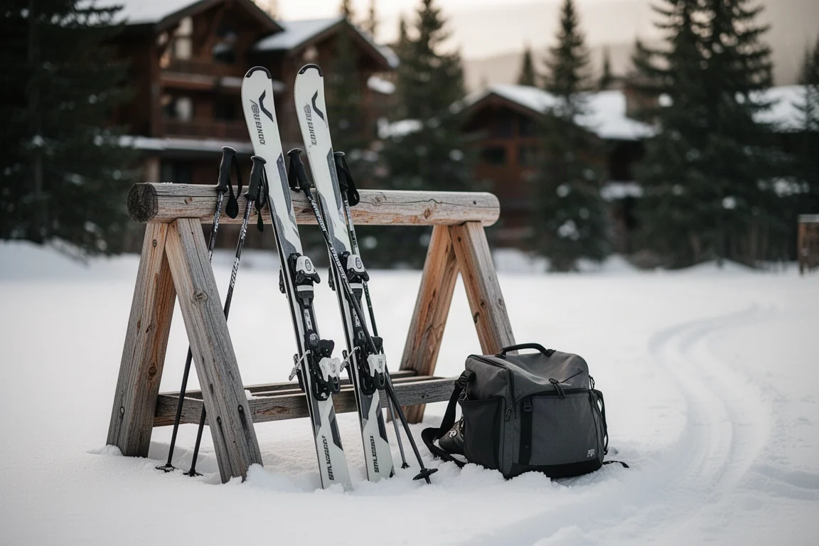 All-Mountain-Skis und Stöcke lehnen an einem Holzgestell im Skigebiet neben einer Schuhtasche