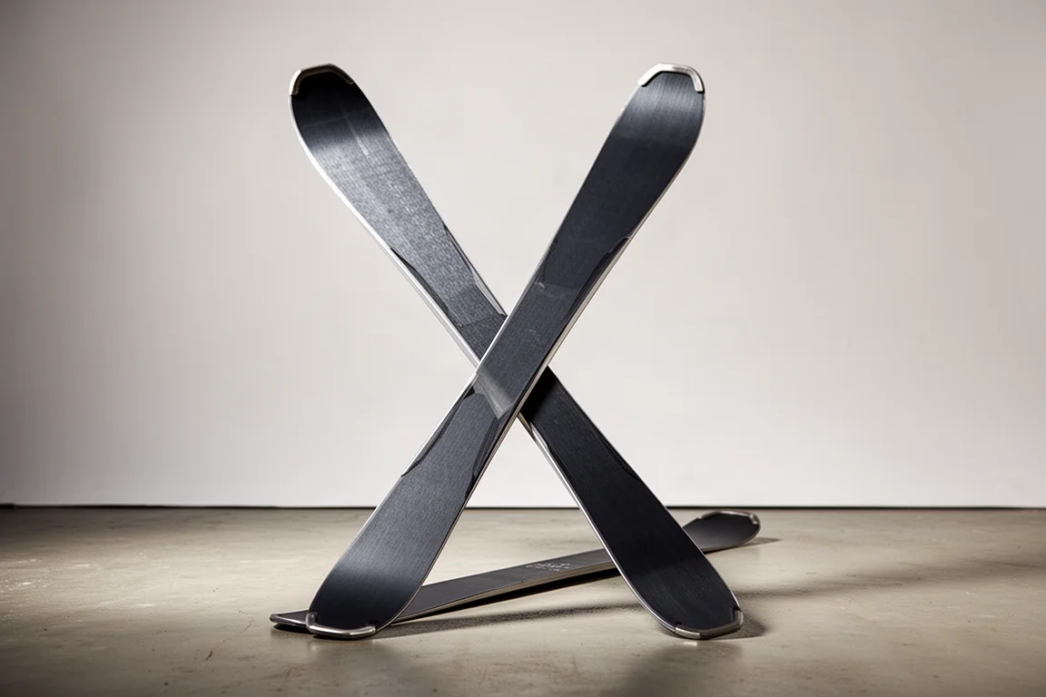 Pair of 86 mm all-mountain skis standing on a concrete floor against a pale grey backdrop