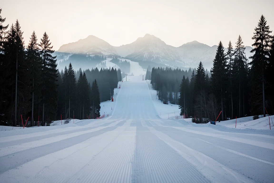 Freshly groomed resort ski run at first light with corduroy lines and pine trees