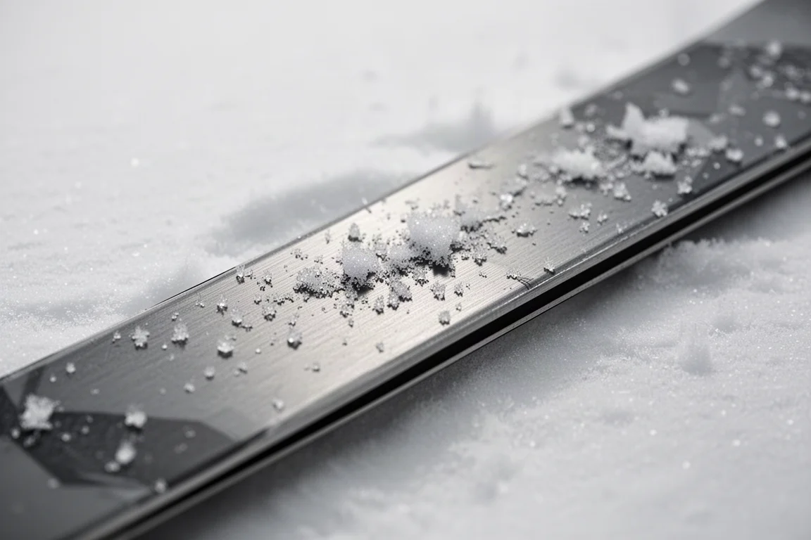 Close-up of a brushed metal ski top sheet with fine snow crystals across the surface