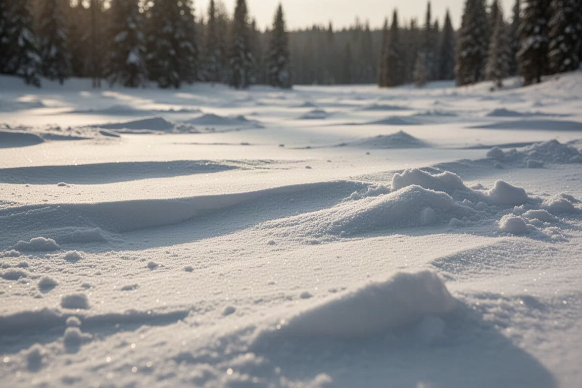 Variable resort snow surface with firm patches and soft piles under low afternoon light