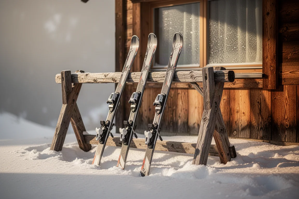 Pair of skis resting against a wooden rack outside a mountain lodge in afternoon light