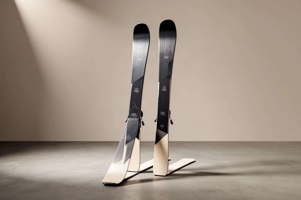 Pair of directional all-mountain skis standing upright on a matte concrete floor in soft studio light