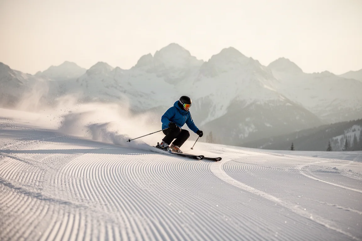 Skier carving smooth turns on a freshly groomed piste in soft morning light