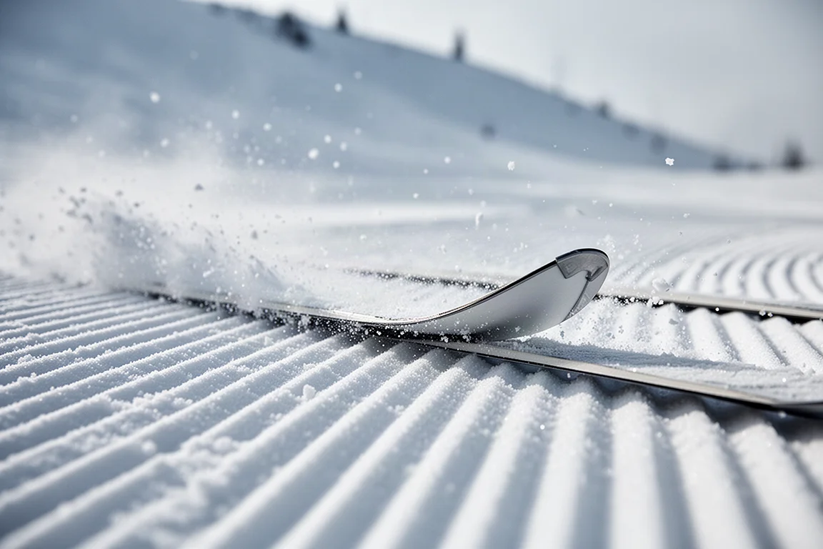 Close-up of ski edges gripping a firm groomed slope