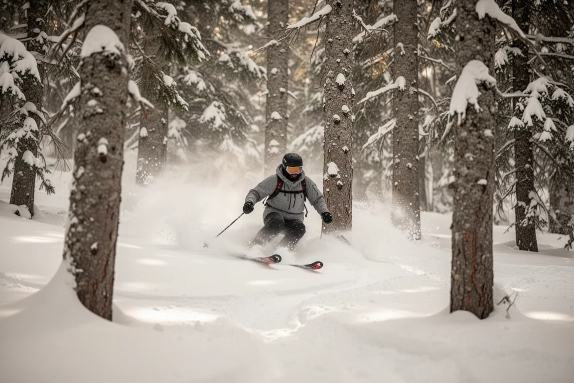 Skier weaving through trees in soft snow off the groomed run