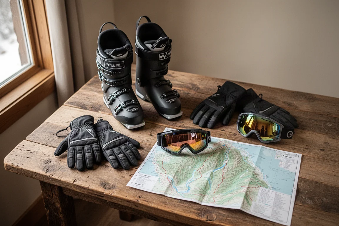 Ski equipment laid out on a lodge table before a day on the mountain