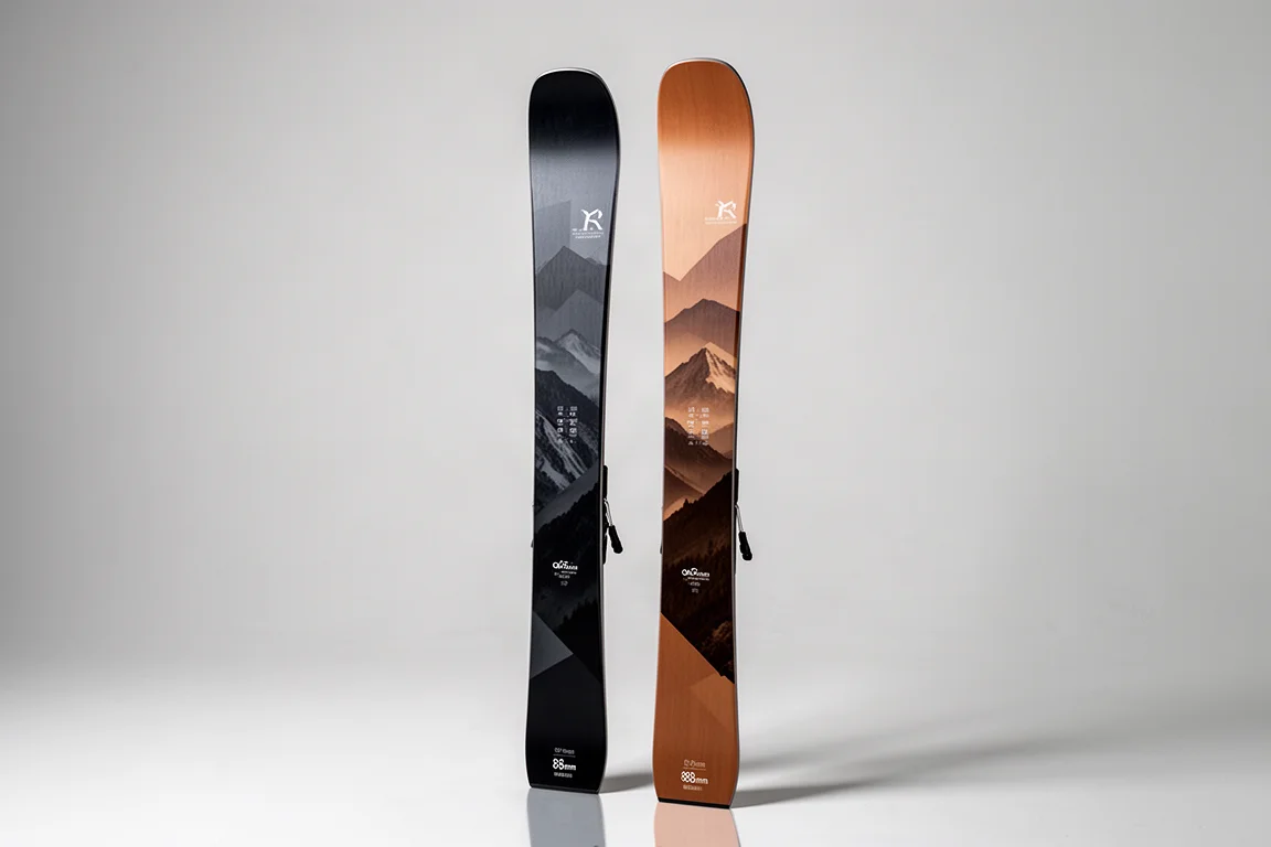 Deux skis all-mountain femmes dressés verticalement sur un fond gris neutre