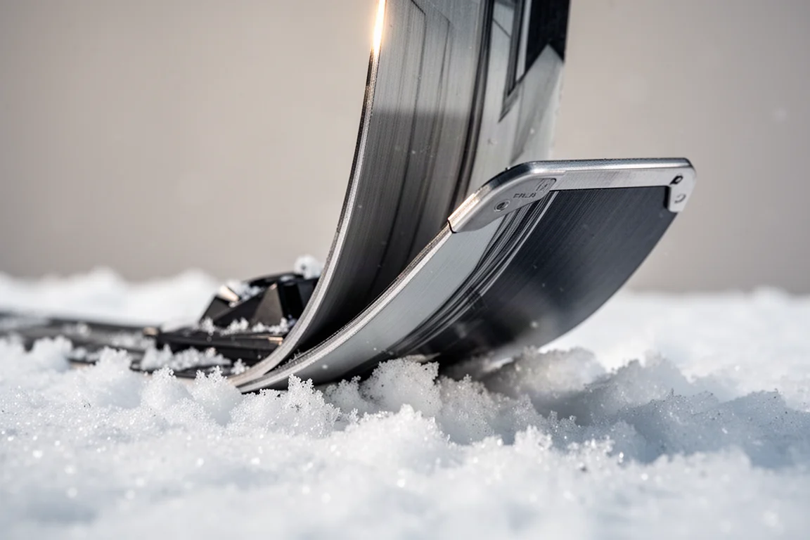 Dettaglio ravvicinato del fianco di uno sci all-mountain e della coda squadrata appoggiati sulla neve compatta