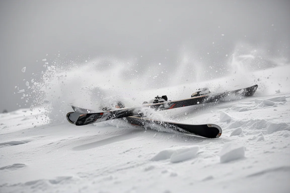 Due sci all-mountain che tagliano neve ventosa e sbriciolata sollevando una polvere fine