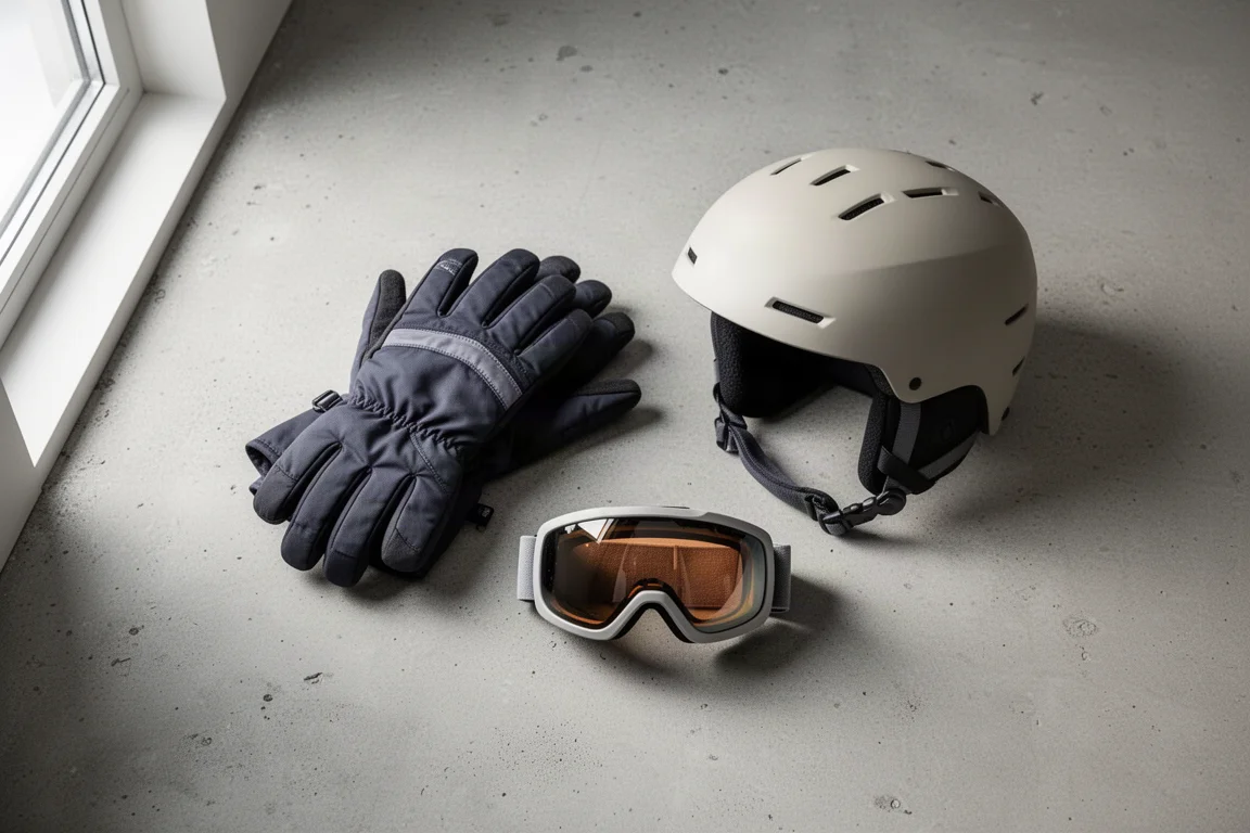 Vista cenital de guantes de esquí, gafas y un casco sobre una superficie de hormigón