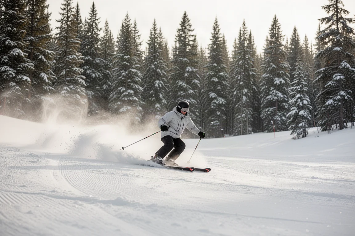 Fortgeschrittener Skifahrer fährt eine frisch präparierte Piste mit Baumreihe im Hintergrund